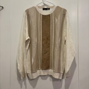 Marcello Made in Italy Mens Cream Tan Geometric Stripe Alcantara Sweater Medium